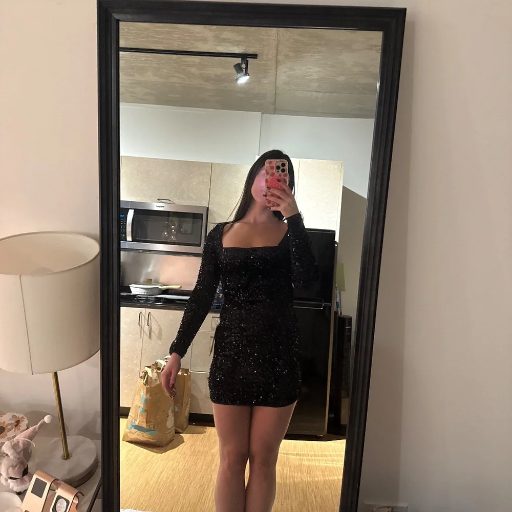 Lulus Marvelous Radiance Black Sequin Cutout Long Sleeve Mini Dress - Size S - Picture 2 of 2